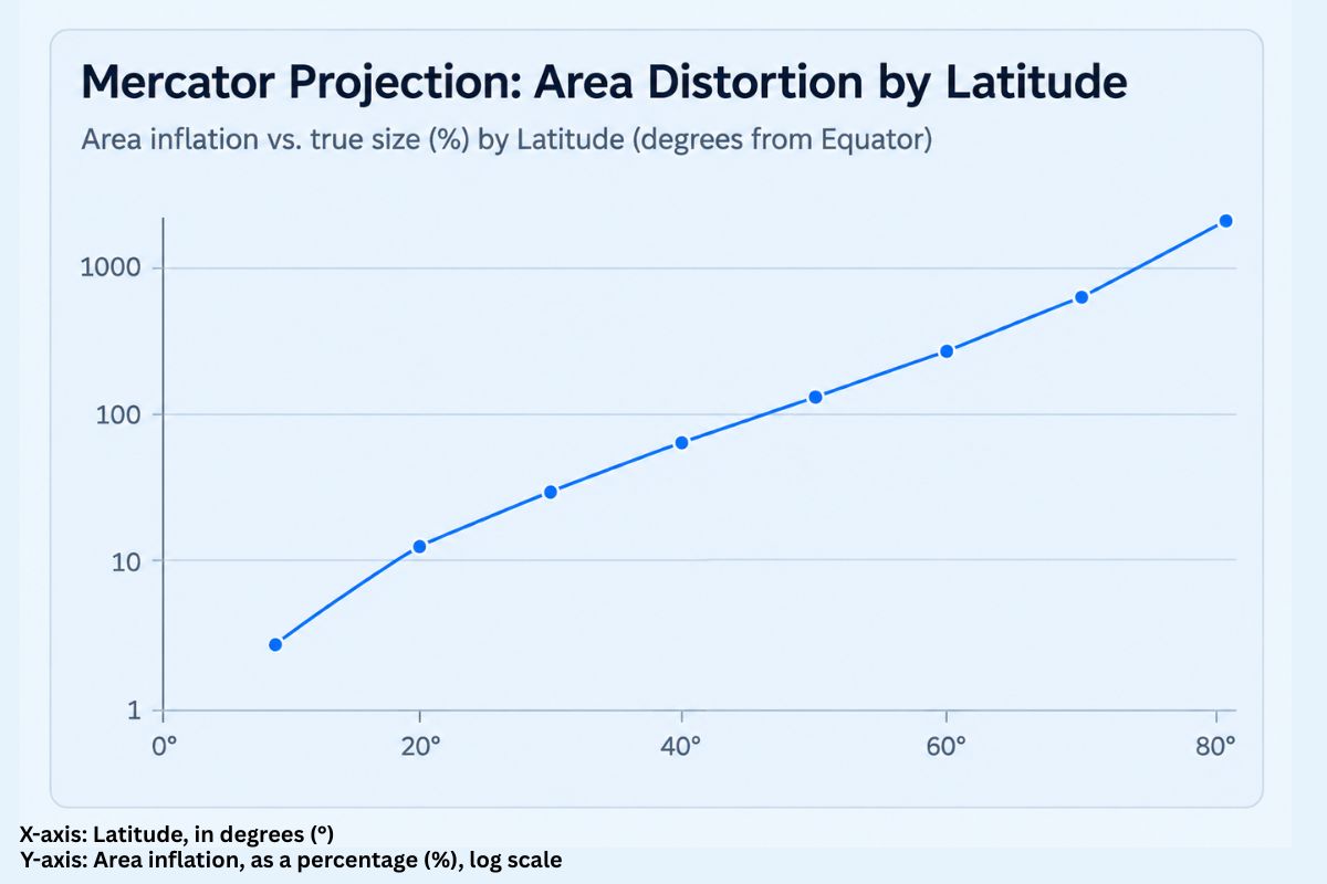 world map mercator projection area distortion by latitude chart